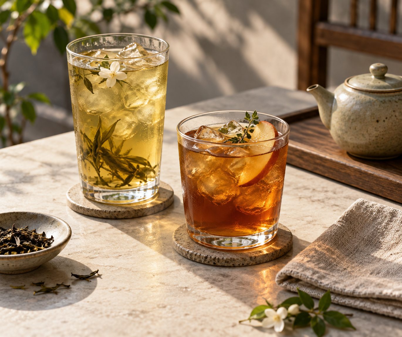 Duas bebidas à base de chá em uma mesa